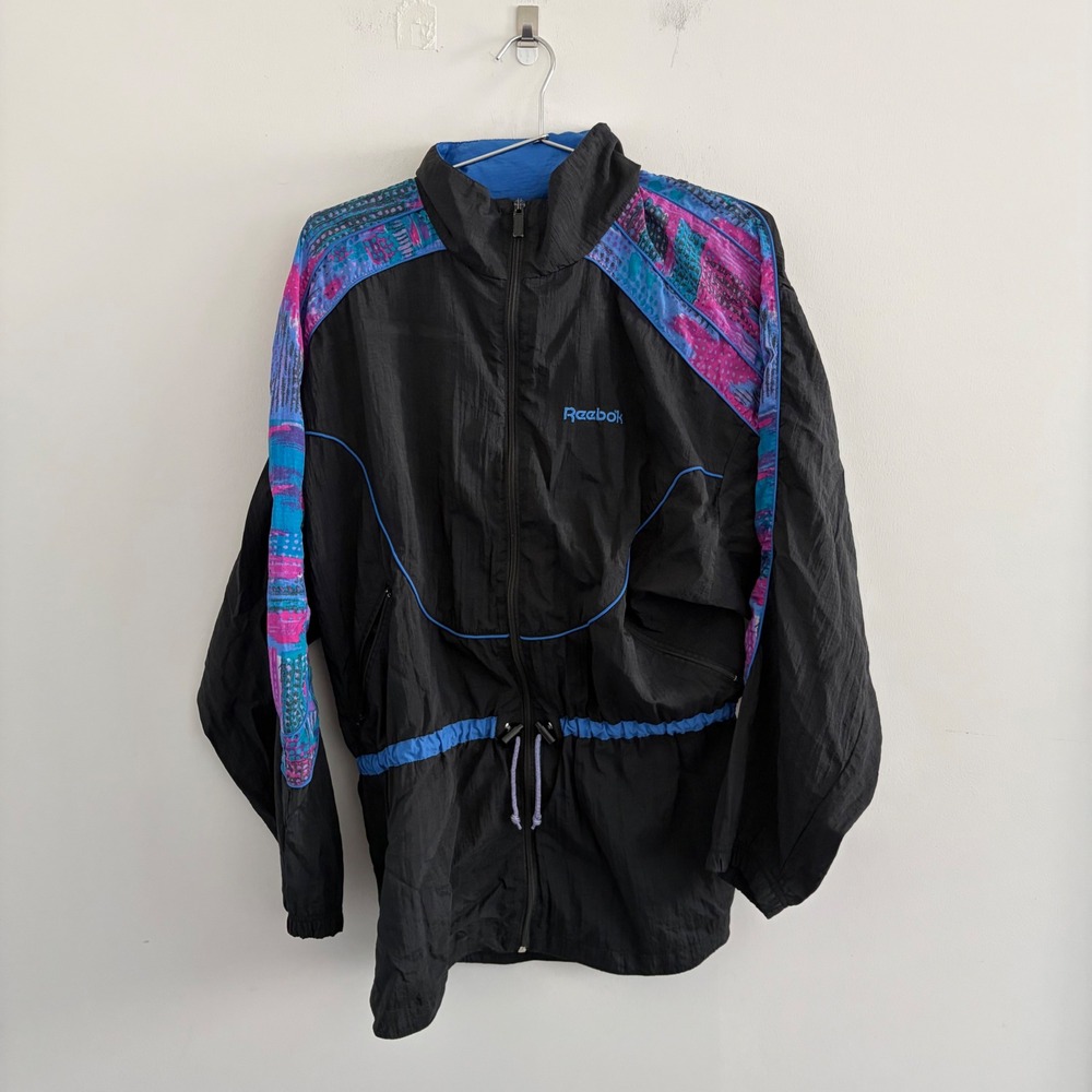 Vintage Reebok Windbreaker Jacket Black Blue Pink Large RN 69421 90s Track Top